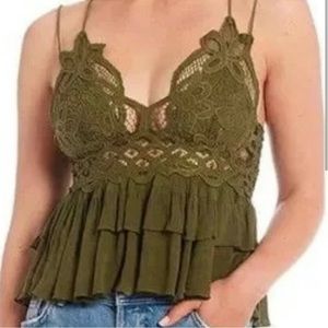 Free People Womens Olive Adella Spaghetti Strap Camisole Lace Tank Top Large